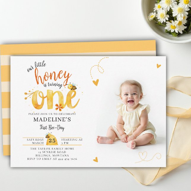 Invitation Bee Honey Theme Whimsical Cute Photo 1st Birthday (little honey bee first birthday photo invitation watercolor summer whimsical hearts bee-day)