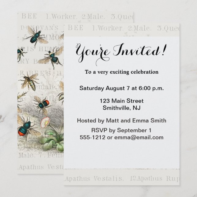 Invitation Bee Honey Travailleur Queen Bees Antique (Devant / Derrière)