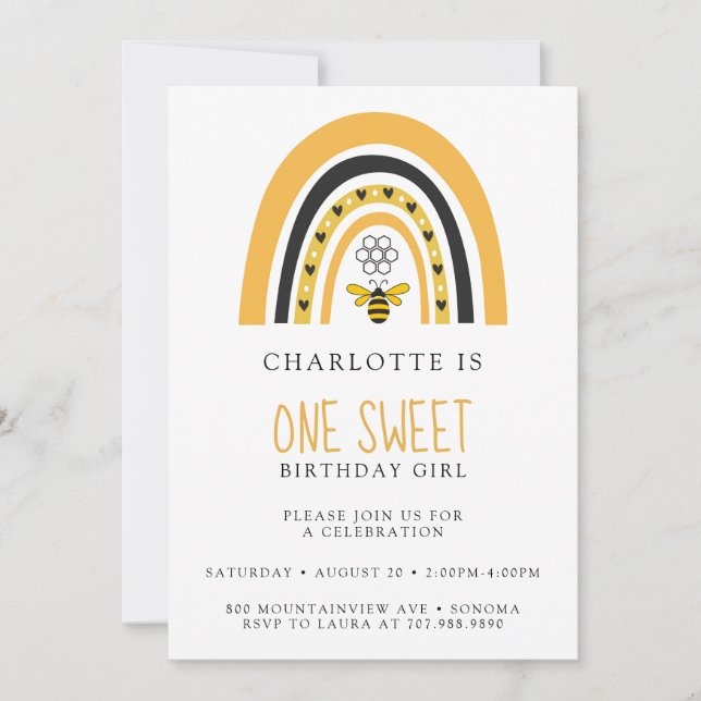 Invitation Bee Rainbow Jaune Gold Girl Anniversaire (Devant)