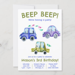 Invitation Beep Beep ! Voiture aquarelle, Anniversaire du véh