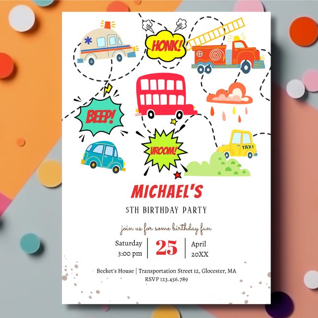 Invitation Beep de Honk vroom véhicules heureux garçon annive (Créateur téléchargé)