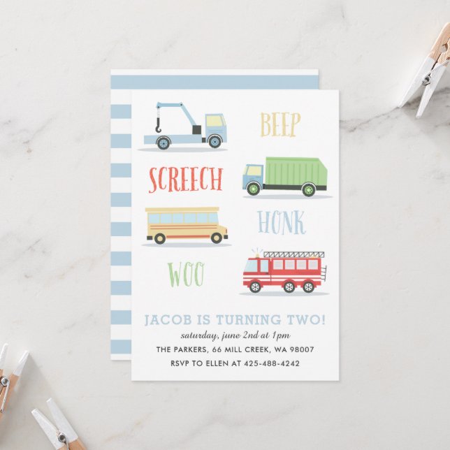 Invitation Beep Screech Woo Kid's anniversaire Party_Mist (Devant/Arrière en situation)
