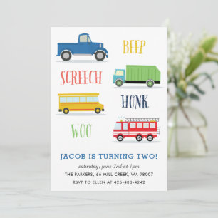 Invitation Beep Vroom Woo Truck Fête d'anniversaire de l'enfa
