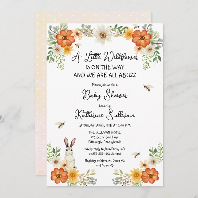 Invitation Bees Spring Petit Fleur sauvage Baby shower fille (Devant / Derrière)