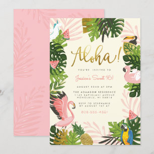 Invitation Beige Aloha Hawaii Tropical Gold Birthday Party