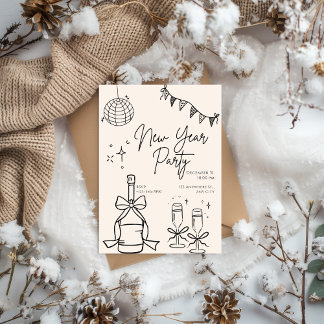 Invitation Beige and Black Doodle Simple New Year's Eve Party