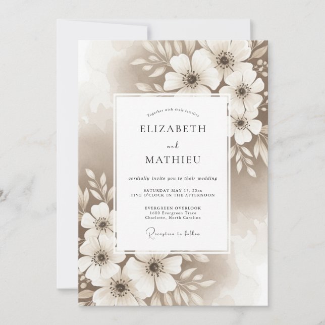 Invitation Beige Artistic Floral Flourish Wedding (Devant)