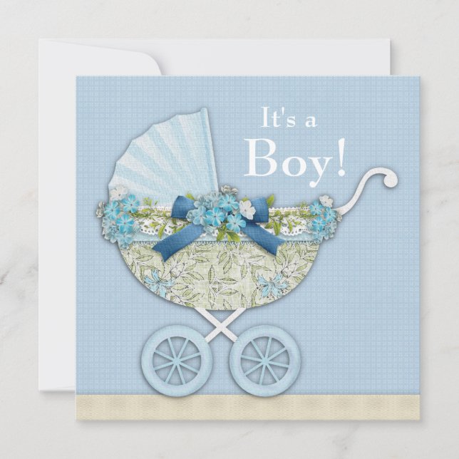 Invitation Beige Baby Blue Baby Carriage Garçon Douche (Devant)
