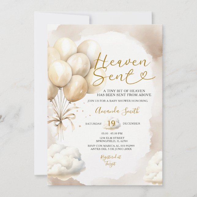 Invitation Beige Balloon Heaven Sent Baby Shower Cloud (Devant)