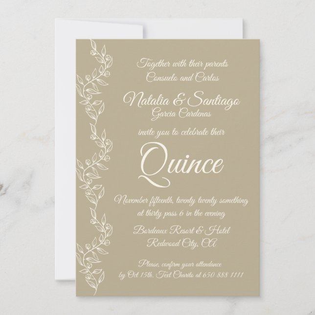 Invitation Beige blanc cassé garçon jumeau Fiesta de Quince (Devant)