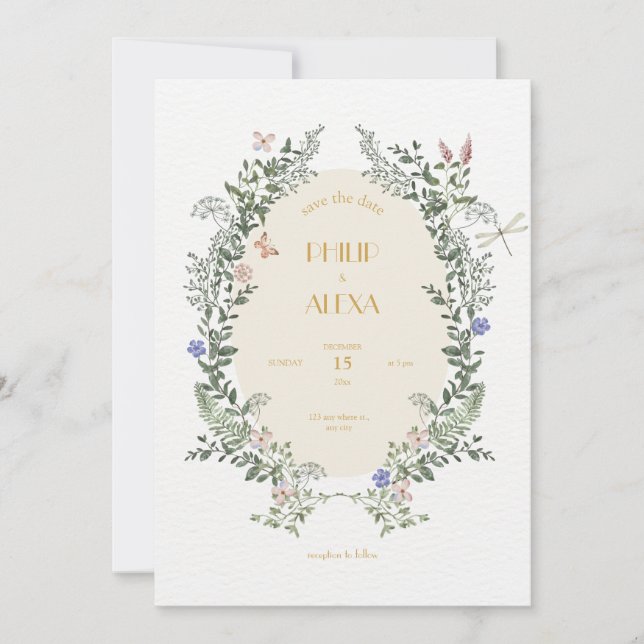 Invitation Beige Blanc Floral Élégant Mariage classique (Devant)