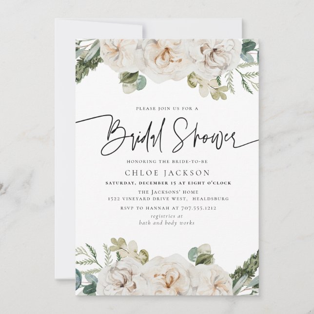 Invitation Beige blanc Floral Hiver Fête des mariées de verdu (Devant)