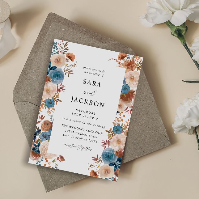 Invitation Beige & bleu Dusty Mariage Floral (Créateur téléchargé)