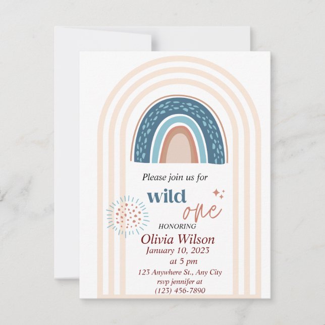 Invitation Beige Bleu Simple Boho Rainbow Baby shower (Devant)
