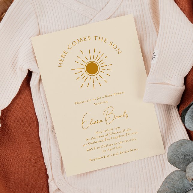 Invitation Beige Boho Sunshine Ici Vient Le Baby shower Fils (Créateur téléchargé)