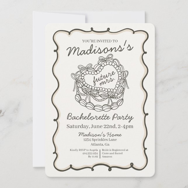 Invitation Beige Bow Retro Coquette gâteau Bachelorette (Devant)