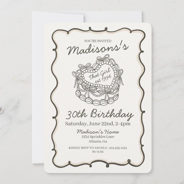 Invitation Beige Bow Retro Coquette gâteau Coquette Anniversa (Devant)