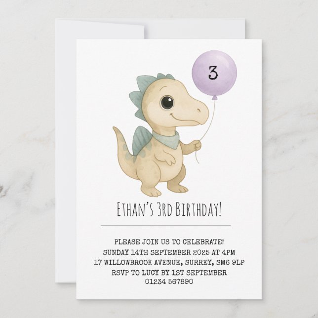Invitation Beige Dino with Blue Spikes and Balloon Birthday (Devant)