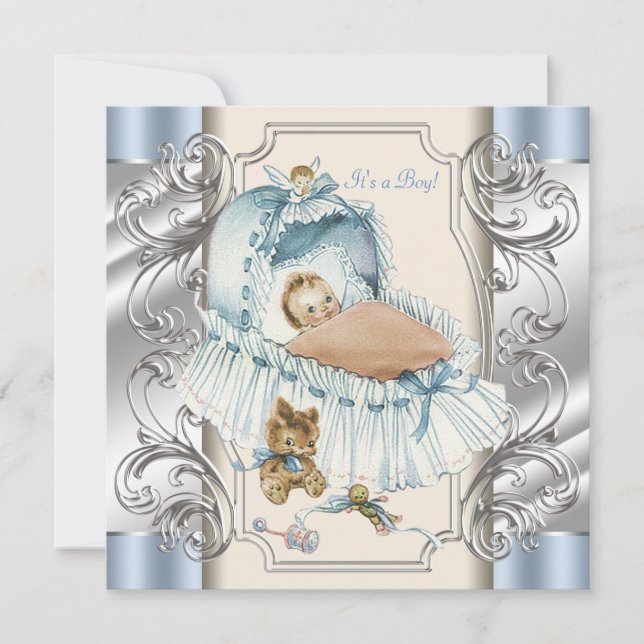 Invitation Beige et Bleu Vintage Baby Boy Douche (Devant)