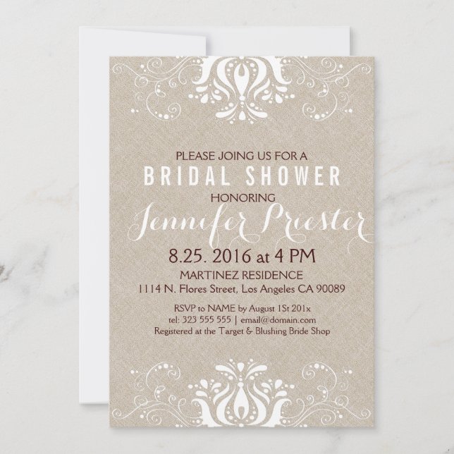 Invitation Beige Faux Lin Blanc dentelle Fête des mariées Inv (Devant)