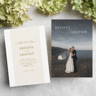 Invitation Beige Floral Elegant Minimalist Photo Back Wedding