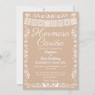 Invitation Beige Hermoso Cariño Baptême et Premier Anniversai