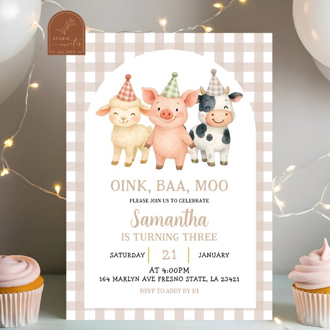 Invitation Beige Ivory Farm Party Gingham Birthday (Créateur téléchargé)