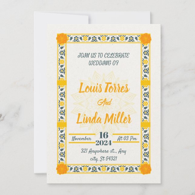 Invitation beige Mariage moderne, fleurs jaunes (Devant)