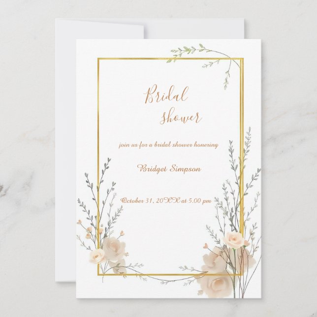 Invitation Beige neutre Fête des mariées florale rustique (Devant)