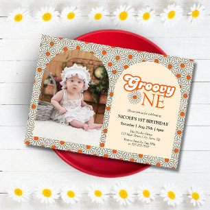 Invitation Beige Orange Daisy Photo Super 1er anniversaire