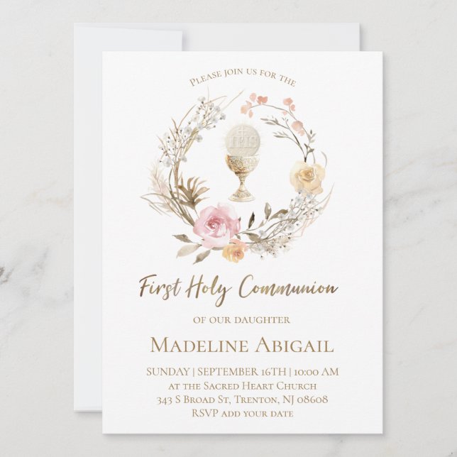 Invitation beige pink flowers wreath First Communion (Devant)