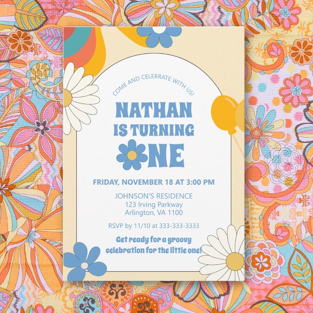 Invitation Beige Retro Vinyl 1er Anniversaire de enfant Flora (Créateur téléchargé)