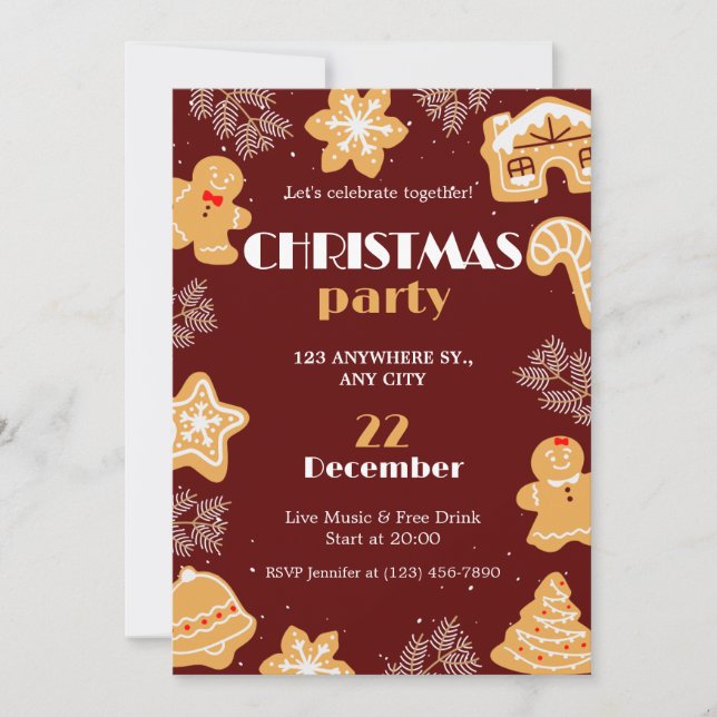 Invitation Beige Rouge foncé mignon Simple fête de Noël (Devant)