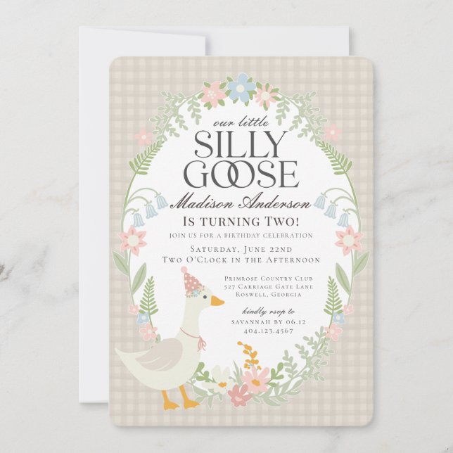 Invitation Beige Silly Goose Floral En vichy fête d'anniversa (Devant)