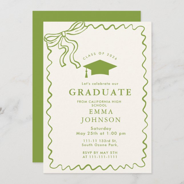 Invitation Beige Simple Line Doodles Graduation Party (Devant / Derrière)