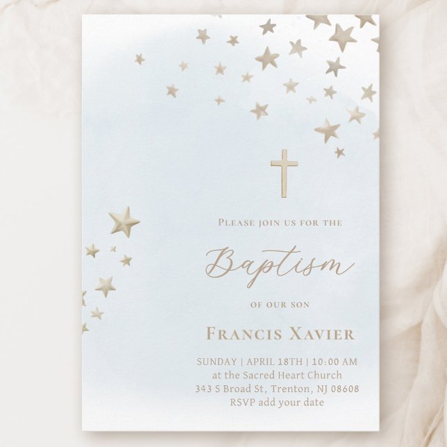 Invitation beige stars on pastel blue sky | Baptism  (Créateur téléchargé)