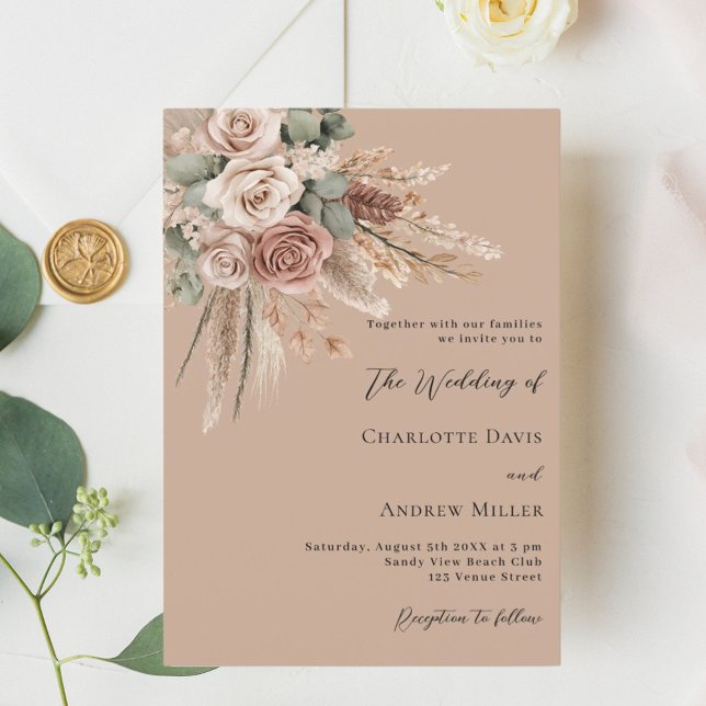 Invitation Beige taupe rose pampas herbe verte mariage (Créateur téléchargé)