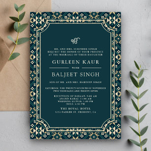 Invitation Beige Turquoise foncé Ikat Anand Karaj Sikh Mariag