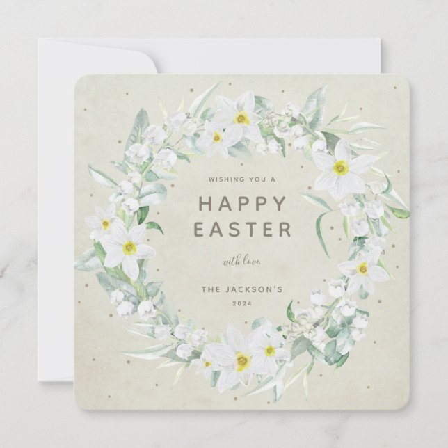 Invitation Beige+White Floral Wreath Happy Pâques Plat Card (Devant)