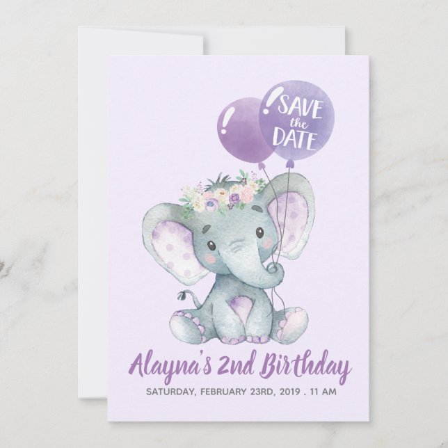 Invitation Bel éléphant de lavande avec les ballons pourpres (Devant)