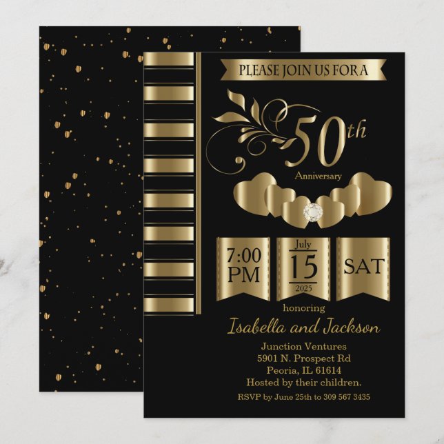 Invitation Belle 50e anniversaire de mariage doré (Devant / Derrière)