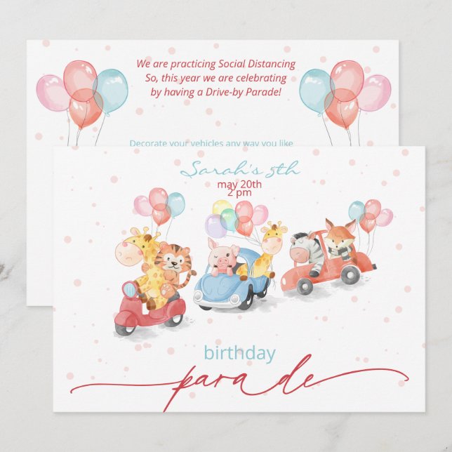 Invitation Belle Aquarelle Animaux Parade d'anniversaire (Devant / Derrière)