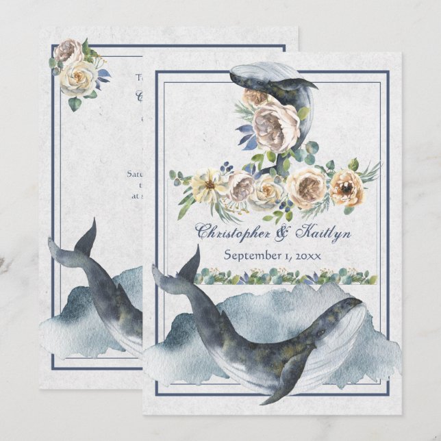 Invitation Belle Aquarelle Baleines et Fleurs Mariage (Devant / Derrière)