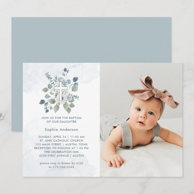 Invitation Belle Aquarelle bleu Dusty Photo florale Baptême (Devant / Derrière)