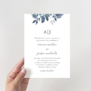 Invitation Belle Aquarelle Bleue Floral Monogramme Mariage