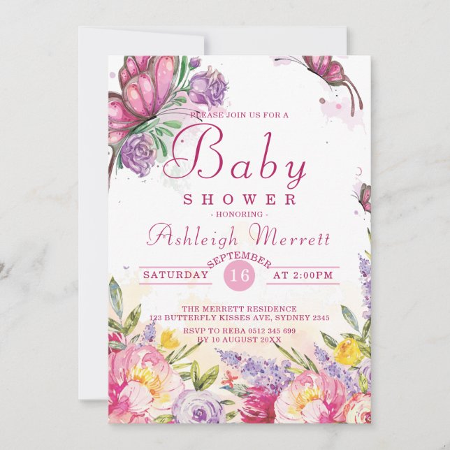 Invitation Belle aquarelle de papillon Baby shower (Devant)