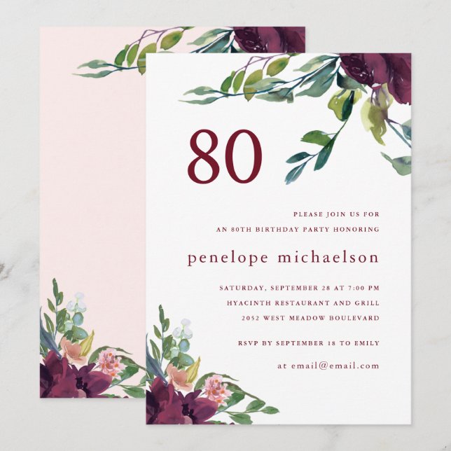 Invitation Belle aquarelle Florale 80e anniversaire (Devant / Derrière)