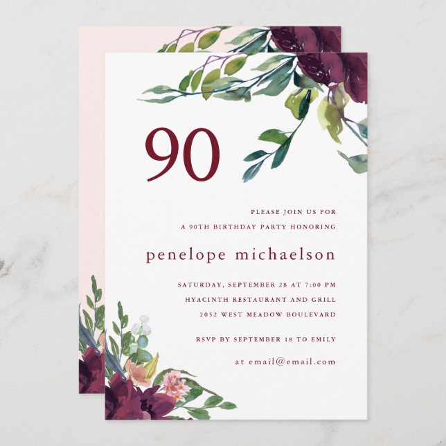 Invitation Belle aquarelle Florale 90e anniversaire (Devant / Derrière)