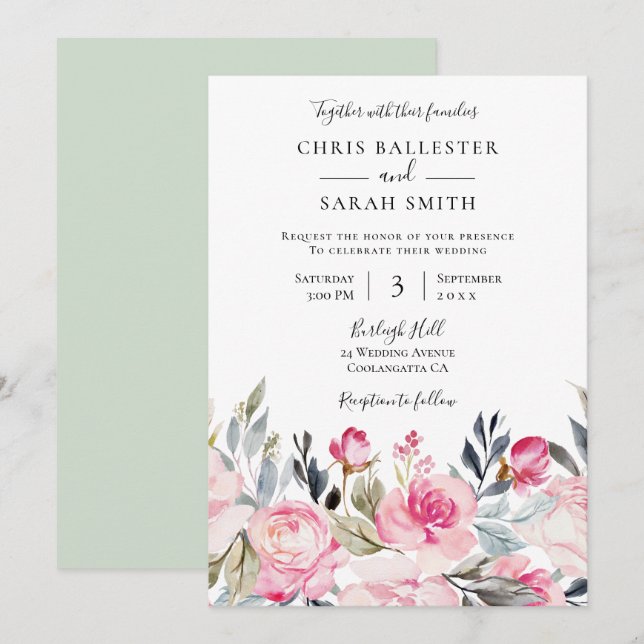 Invitation Belle aquarelle florale Mariage de printemps (Devant / Derrière)