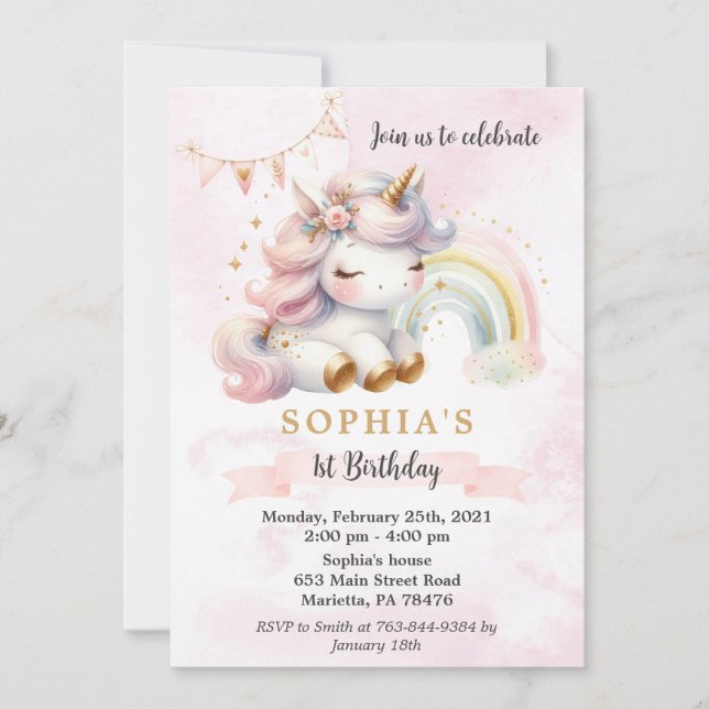 Invitation Belle aquarelle licorne et arc-en-ciel Anniversair (Devant)